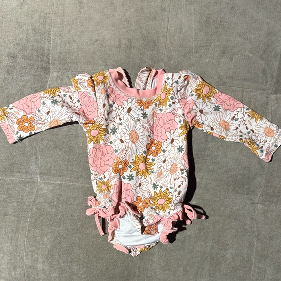Caden Lane Boho Floral Long Sleeve Swimsuit with swim Headband 6-12 Months - Picture 7 of 8